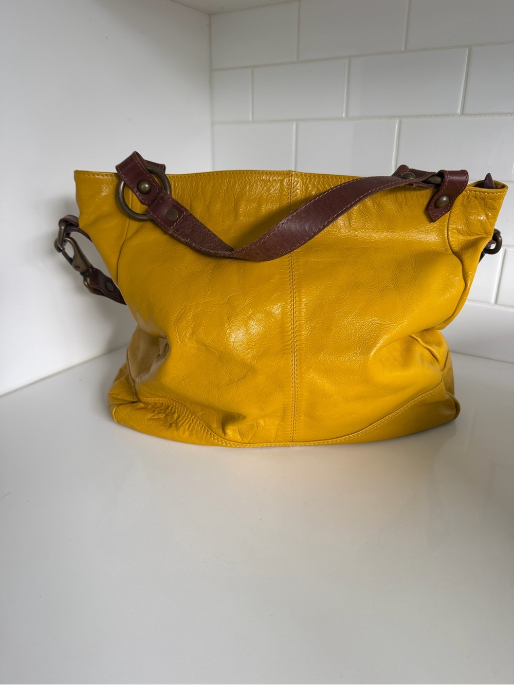 Yellow Leather Shoulder Tote with Brown Strap